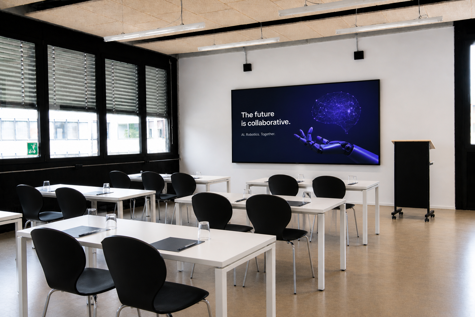Bright workshop room with white tables, black chairs and a large screen